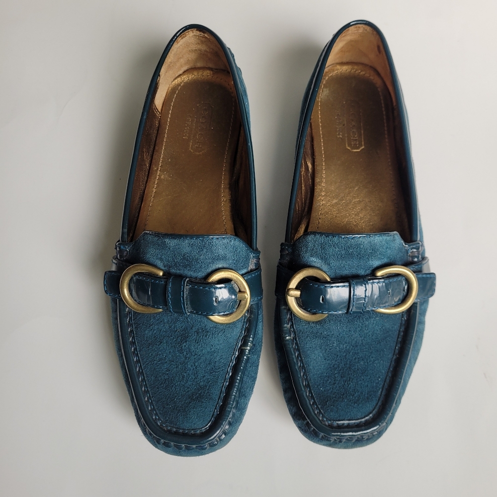 Women's Teal Suede Loafers with Buckle Accent - Picture 2 of 13